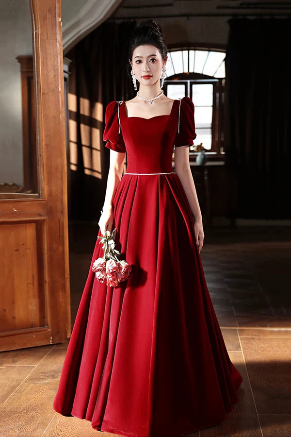 Wholesale Burgundy Velvet Long A-Line Prom Dress A-Line Short Sleeve Evening Party Dress